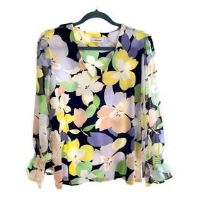 Calvin Klein pastel V-neck, long sleeve blouse, semi sheer sleeves, size Large